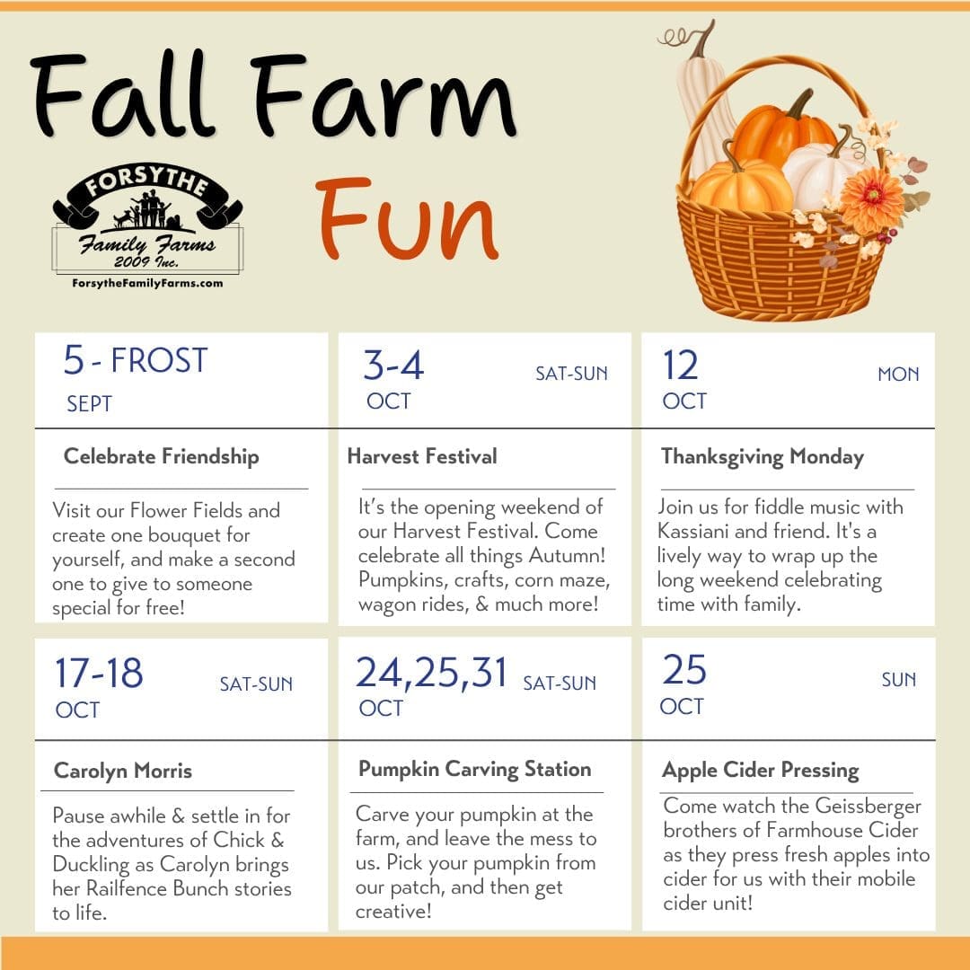 Fall Fun on the farm Pumpkin picking, cut your own flowers, music, pumpkin carving, apple cider pressing, crafts